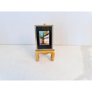 Vintage Signed Mini Painting Matted Wood & Metal Frame Mid-Century Wall Art